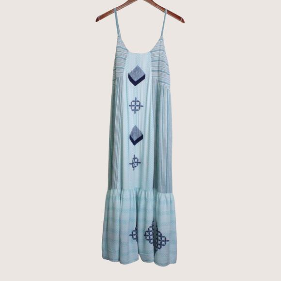easel Dresses & Skirts - Embroidered Tiered Cover-up Maxi Dress Boho Sundress Seafoam Green & Blue Large